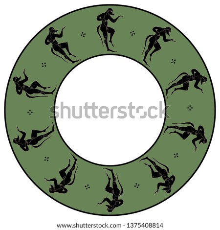 Isolated vector illustration. Abstract round decor, frame or texture with silhouettes of ancient Greek satyrs. Vase painting style. 