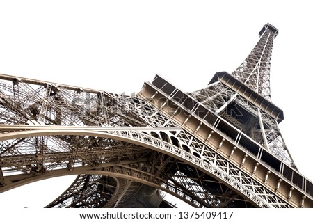 Eiffel tower on white background close up isolated. Tourism European holidays. Copy space space for text.