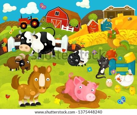 cartoon happy and funny farm scene with happy animals - illustration for children