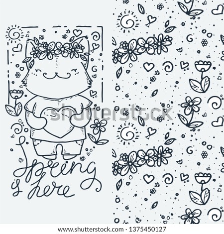 Set of cute cartoon animal and seamless pattern. Vector clip art illustration for children design, cards, prints, coloring books