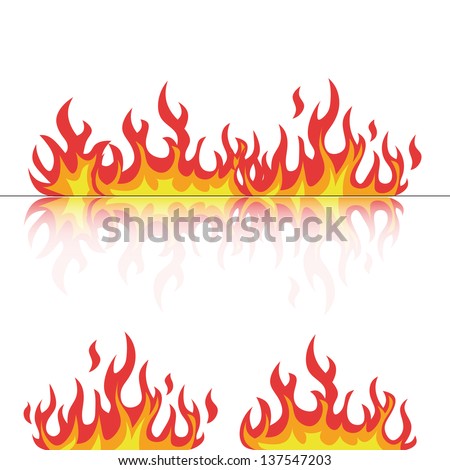 flames set with reflection on white vector illustration