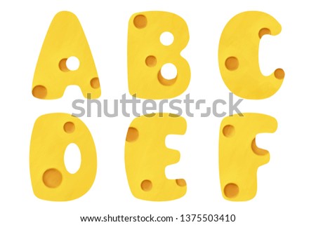 Bright cheese alphabet. Cute bold colored tasty ABC for logos, badges, postcards, posters, prints, scrapbooking white isolated. Part 1