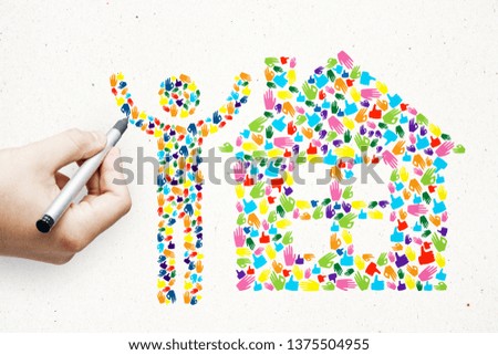 Creative drawn hand gesture house and person icon on white background. Real estate and creativity concept