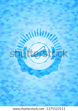 megaphone icon inside realistic light blue emblem. Mosaic background
