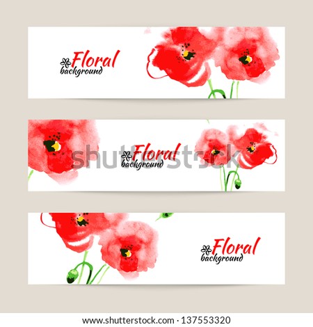 Banners with watercolor paint red poppy. Floral vector illustration