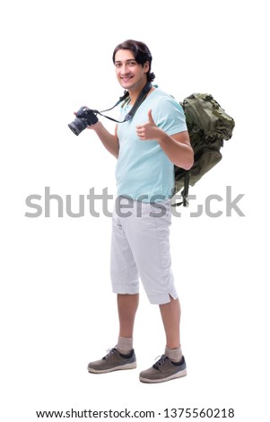 Young handsome tourist isolated on white 
