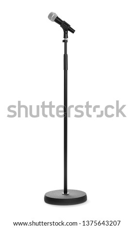 Stand with modern microphone on white background Royalty-Free Stock Photo #1375643207