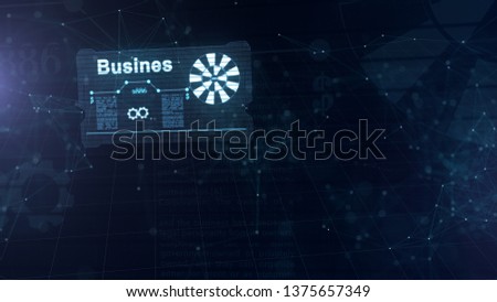 Abstract hologram. Business card with a sign of darts, white gear-wheel and some other diagrams. Abstract blue background, full of light asterium.