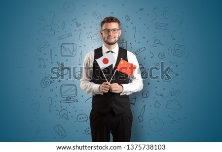 Businessman with office symbol concept and little flag on his hand