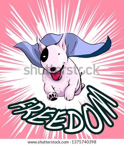 Drawing of dog, bull terrier,flying act in colorful graphic style use as poster, card, wallpaper, background