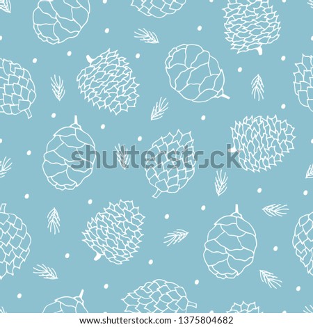 Hand drawn seamless pattern with cedar, pine, fir cones and branches. Vector Christmas gift wrapper background. 