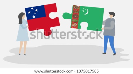 Couple holding two puzzles pieces with Samoan and Turkmen flags. Samoa and Turkmenistan national symbols together.