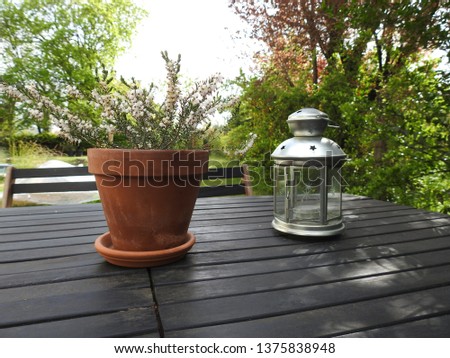 Silver color metal lantern and brown-orange clay pot with white flowers heather resting on a black wooden table in outdoor setting with green and red foliage blurred background