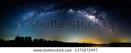Panorama of milky way at the lake in night time / Full Panorama of milky way