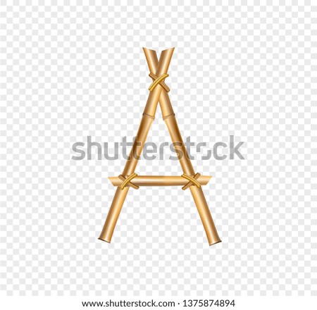 Vector bamboo alphabet. Capital letter A made of realistic brown dry bamboo poles isolated on transparent background. Abc concept for creating words, text, advertising, message.