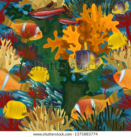 Seamless underwater wallpaper with tropical fish, vector illustration