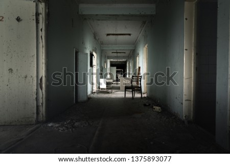 Abandoned corridor in Pripyat Hospital, Chernobyl Exclusion Zone 2019 angle shot