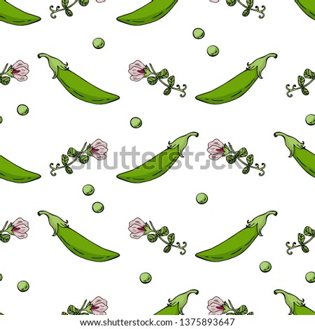Seamless pattern with green peas and pea flowers. Endless texture with fresh vegetables for your design