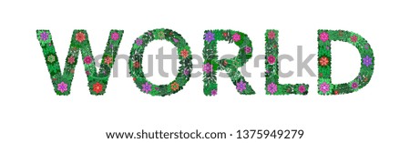The inscription WORLD of plant elements on a white background. Spring Alphabet. Set of letters. World Day of Peace.  Vector illustration.