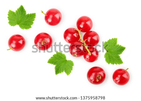 Red currant berry with leaf isolated on white background. Top view. Flat lay pattern Royalty-Free Stock Photo #1375958798