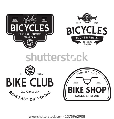 Set of vintage and modern bike shop logo badges and labels. Cycle wheel isolated vector. Old style bicycle shop and repair logotypes. Vector illustration.