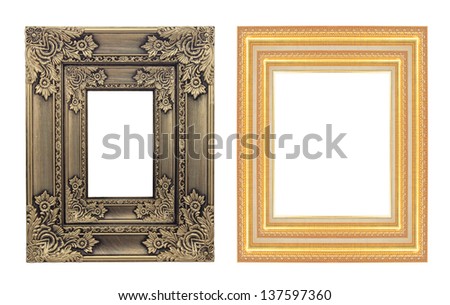 Picture gold frame with a decorative pattern on white background,design, interior, art
