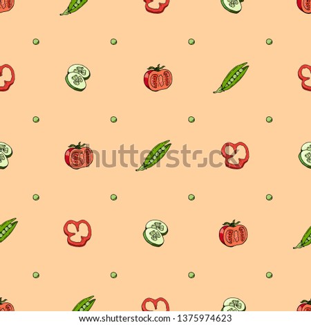 Seamless pattern with sliced tomatoes, cucumbers and peas on light pink background. Endless texture with fresh vegetables for your design