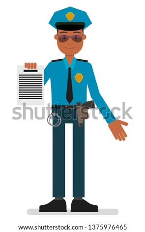 A policeman shows a document. Vector illustration, flat style drawing. Isolated on a white background.