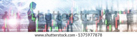 Business Website Banner Header. Industry background mixed media. People silhouettes. Stock market graph.