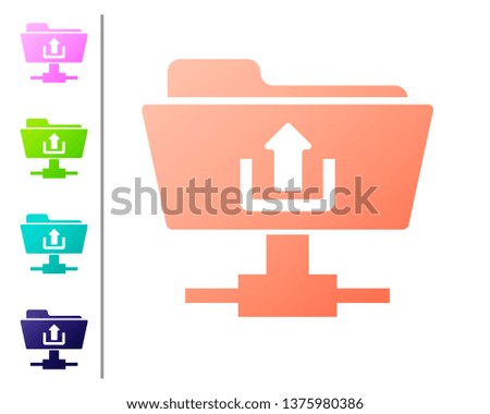 Coral FTP folder upload icon on white background. Concept of software update, transfer protocol, router, teamwork tool management, copy process. Set icon in color buttons. Vector Illustration