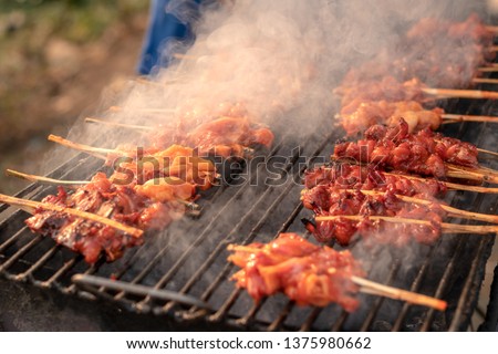 Close-up picture of grilled chicken skewers on an old iron grill and charcoal stove causing smoke, which is commonly seen in the Thai countryside.