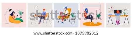 Working at home, coworking space, concept illustration. Young people, mаn and womаn freelancers working on laptops and computers at home. Vector flat style illustration Royalty-Free Stock Photo #1375982312