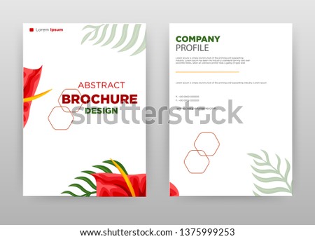 Red flower green leaf business brochure flyer design. Multipurpose abstract brochure template with cover & back pages. Clean leaflet vector design. Annual report presentation. Vertical A4 format.