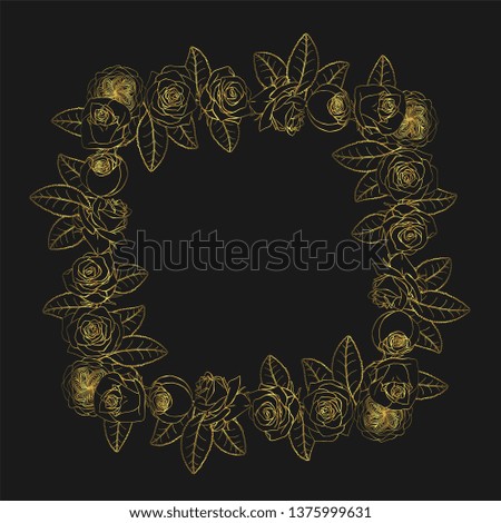 Hand drawn doodle style rose flowers square golden wreath. floral design element. isolated on black background. stock vector illustration