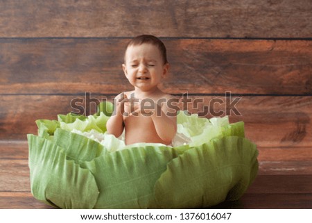 One year old boy sitting in handmade paper green cabbage. Paper art and cut. On wooden background. 