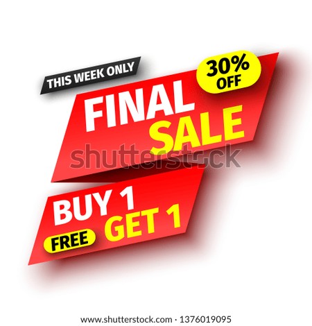 Final sale banner, buy 1, get 1, 30% off. Red tag. Vector illustration.