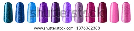 Nail polish with glitter in fashion multicolor pastel color. Colorful nail lacquer in tips isolated white background.