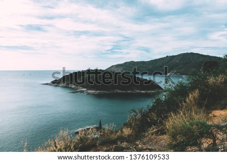 Landscape of seaside, islands around. Stones towers. Thailand, summer time. Holidays theme