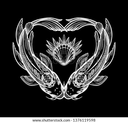Two carps in the shape of a heart, symbol of harmony. Vector illustration isolated. Spiritual art for tattoo.