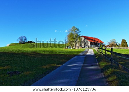 Barn,farmhouses and bright green grass of a farmlands near Plainfeld community in the Austrian Alps Mountains on a nice spring day