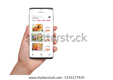 Female hand holding smartphone with food delivery app, isolated on white background