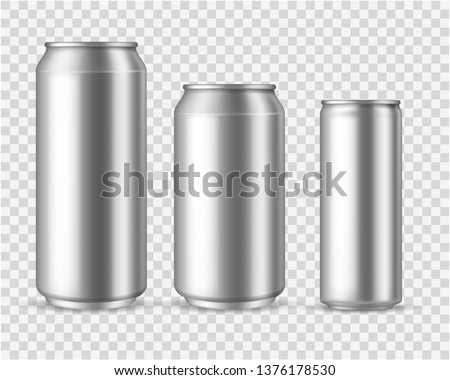 Realistic aluminum cans. Blank metallic can drink beer soda water juice packaging empty mock up aluminium container vector template Royalty-Free Stock Photo #1376178530