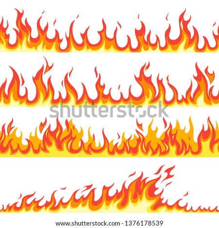 Seamless fire flame. Fires flaming pattern, flammable line blaze hot temperature, gas blazing wallpaper cartoon vector firewall textured frames set