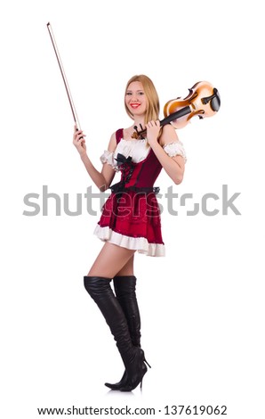 Girl playing violin on white