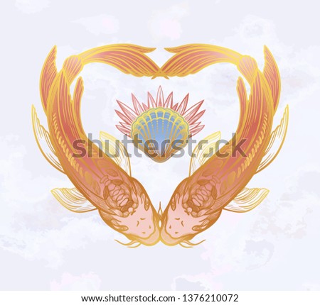 Two carps in the shape of a heart, symbol of harmony. Vector illustration isolated. Spiritual art for tattoo.