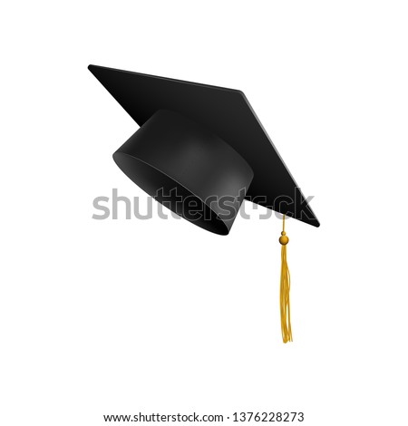 Graduation university or college black cap 3d realistic vector illustration isolated on white background. Element for degree ceremony and educational programs design. Royalty-Free Stock Photo #1376228273