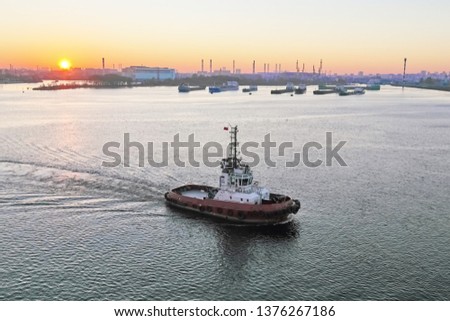 Port tug on the background of the morning sea city
