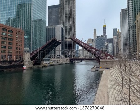 Bridge raised at Dearborn Street in Chicago looking east over Chicago River