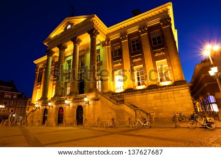 lightened City Hall in Groningen at night, Netherlands