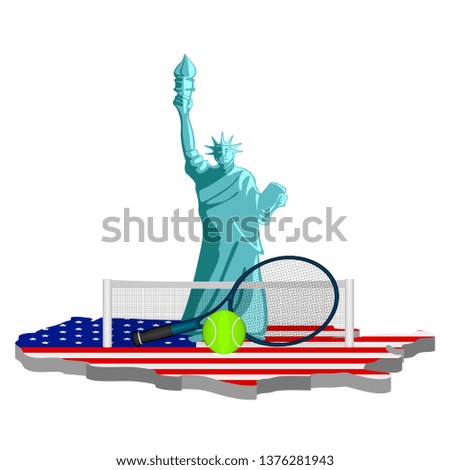 Statue of liberty with tennis objects on a map of United States